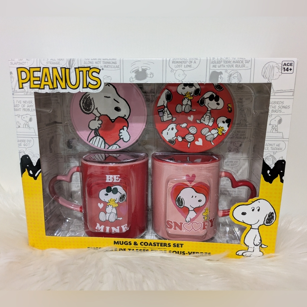 Peanuts Snoopy Valentine’s Mugs & Coasters 4-piece Gift Set New In Box!